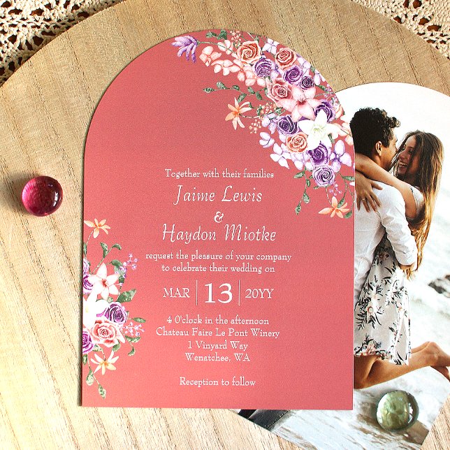 Peach, Mauve, Lilac Boho Rose Garden Wedding  Invitation (mauve purple lilac peach purple roses boho arched wedding invitations modern rose pink floral)