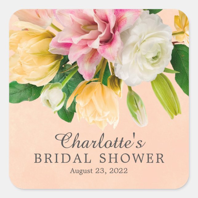 Peach Meadow Floral Bridal Shower Square Sticker (Front)