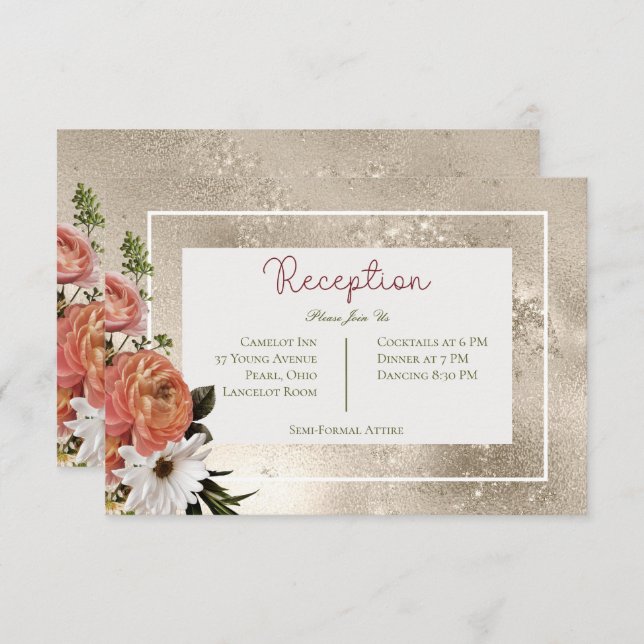 Peach Mimosa Blooms Floral Gold Reception Enclosure Card (Front/Back)