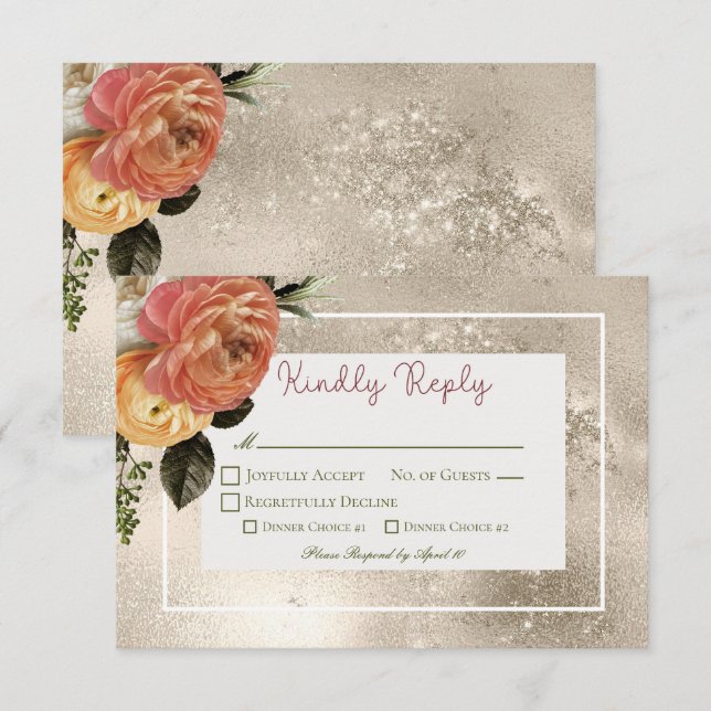 Peach Mimosa Blooms Floral Gold Wedding RSVP Card (Front/Back)