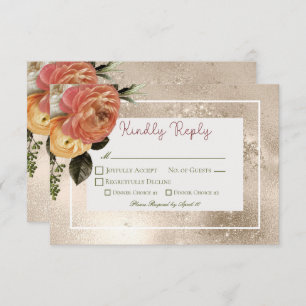 Peach Mimosa Blooms Floral Gold Wedding RSVP Card