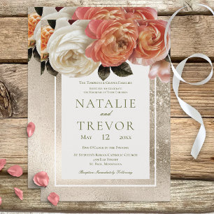 Peach Mimosa Blooms Gold Floral Wedding Invitation