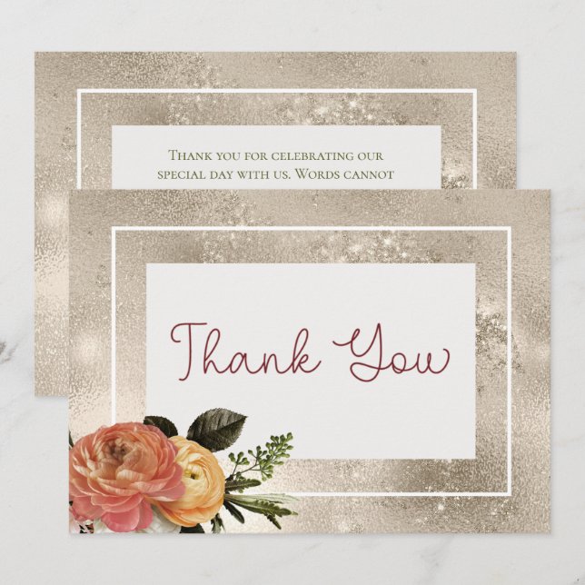 Peach Mimosa Blooms Gold Floral Wedding Thank You Card (Front/Back)