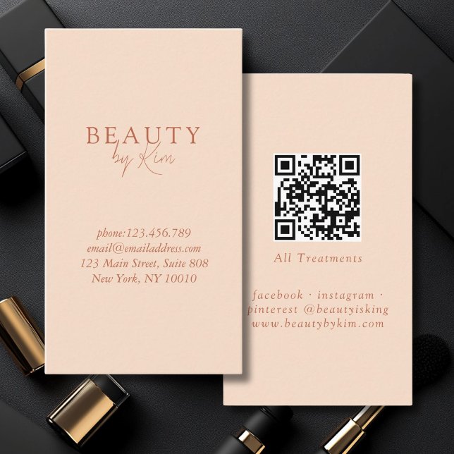 Peach Minimal Elegant, Salon QR Code Business Card (Peach Minimal Elegant, Salon QR Code Business Card)