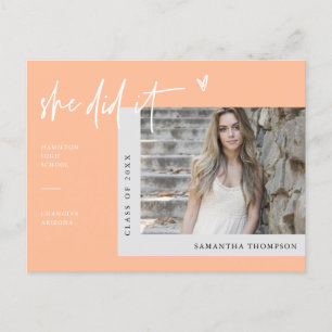 Peach Minimal Photo She Did It Graduation  Postcard