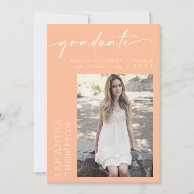 Peach Minimal Script Two Photo Graduation Party Invitation (Front)