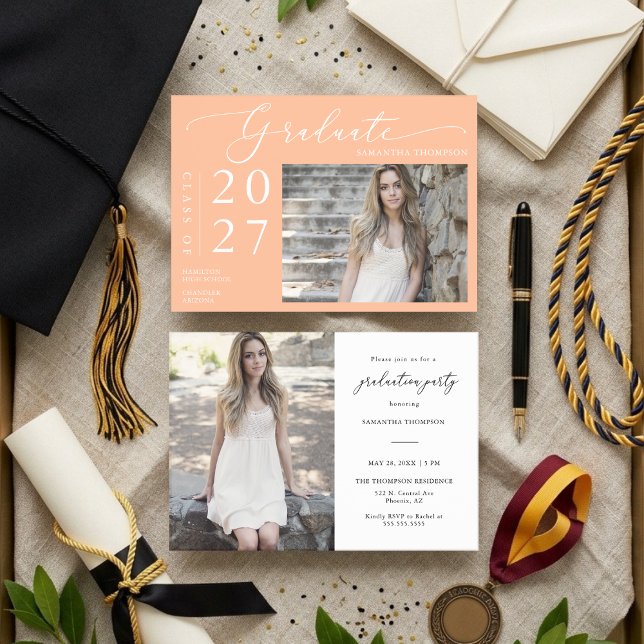 Peach Minimalist Script School Graduate Photo Invitation (Creator Uploaded)