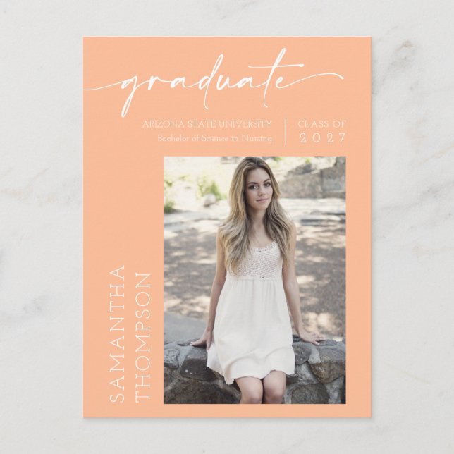 Peach Minimalist Script She Did It Photo Grad Postcard (Front)