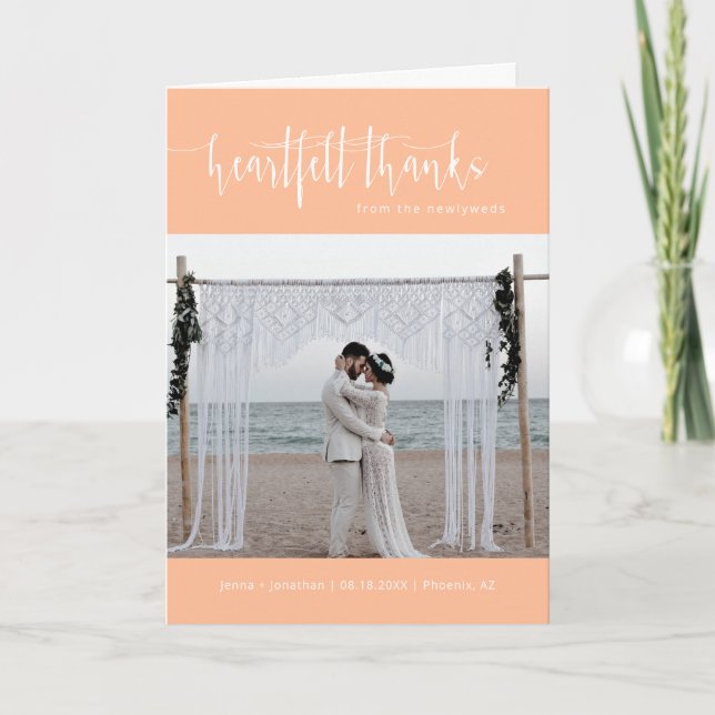 Peach Minimalist Script Wedding Photo Folded Thank You Card (Front)