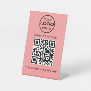 Peach Minimalistic Business Logo and QR Code Pedestal Sign