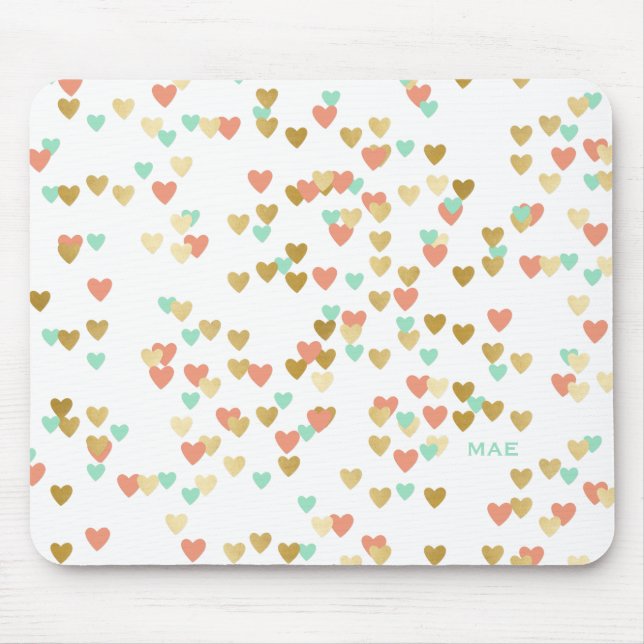 Peach, Mint and Gold Hearts Confetti Monogram Mouse Mat (Front)