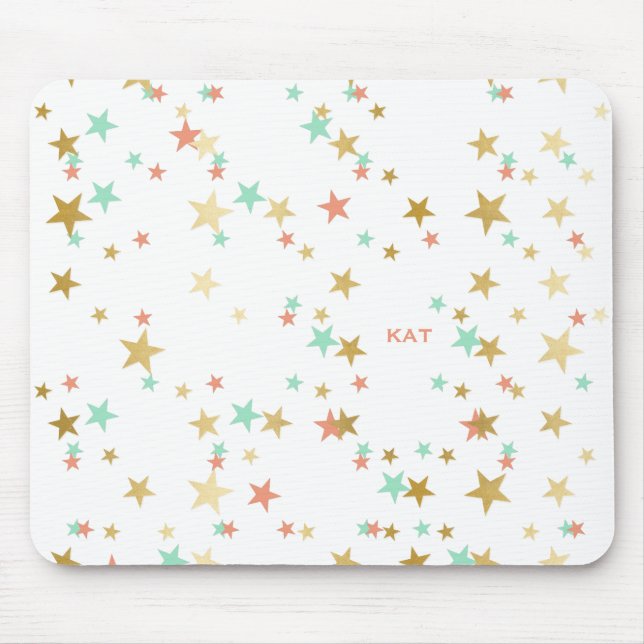 Peach, Mint and Gold Stars Confetti Monogram Mouse Mat (Front)