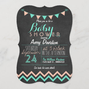 Peach & Mint Bunting Flag Chalkboard Baby Shower Invitation