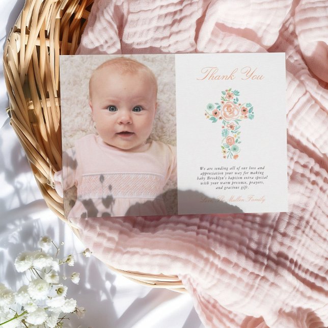 Peach & Mint Floral Cross Baptism Photo Thank You (Creator Uploaded)
