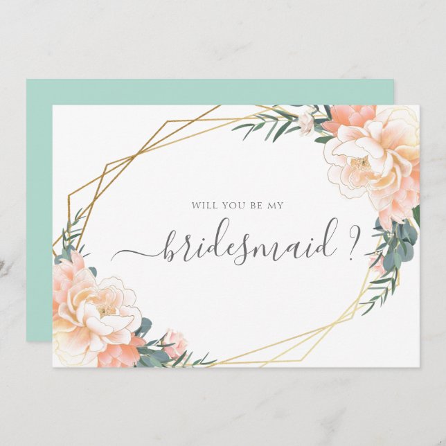 Peach Mint Floral Gold Will You Be My Bridesmaid I Invitation (Front/Back)