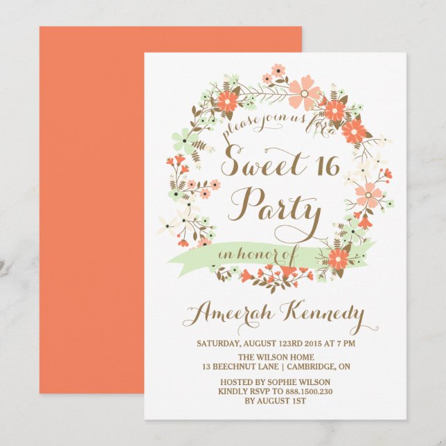 Peach & Mint Floral Wreath Sweet Sixteen Invite (Front/Back)