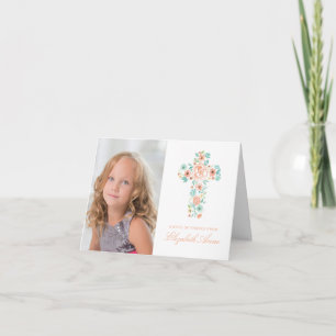 Peach Mint Flower Cross First Communion Thank You Card