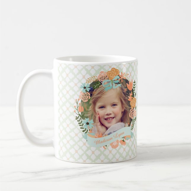 Peach Mint Girly Floral Wreath Photo Custom Coffee Mug (Left)
