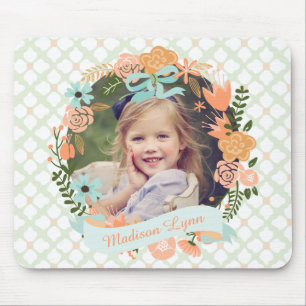 Peach Mint Girly Floral Wreath Photo Custom Mouse Mat