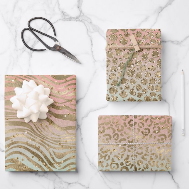 Peach Mint Gold Glitz Sparkle Animal Prints     Wrapping Paper Sheet (Front)