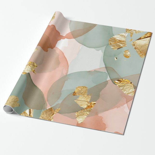 Peach & Mint Gold Leaf Easter  Wrapping Paper (Unrolled)