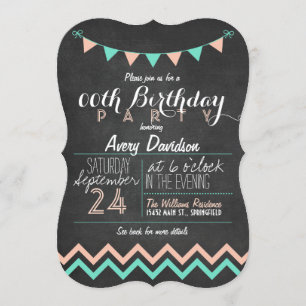Peach & Mint Green Chalkboard Birthday Party Invitation