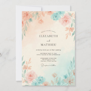 Peach Mint Leafy Wedding Invitation