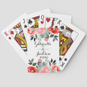 Peach & Mint Peony Watercolor Wedding Favour Playing Cards