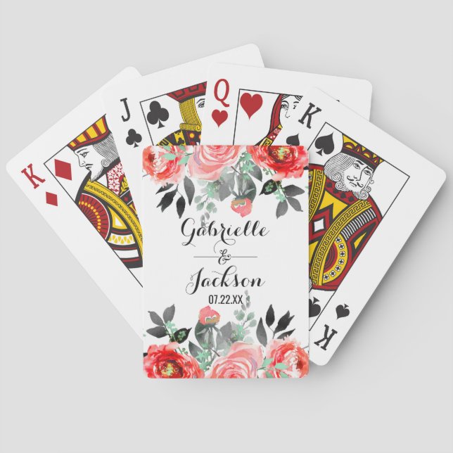 Peach & Mint Peony Watercolor Wedding Favour Playing Cards (Back)