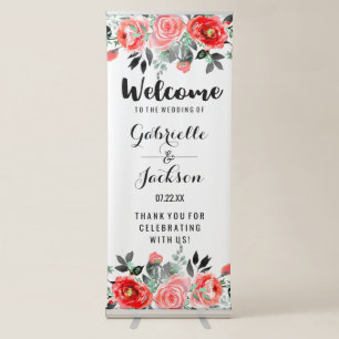 Peach & Mint Peony Watercolor Wedding Welcome Retractable Banner