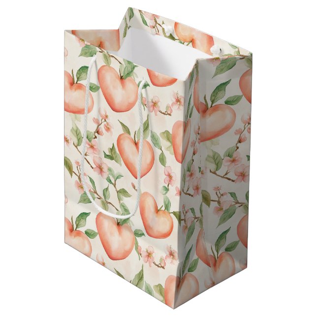Peach Mint Pretty Hearts Flowers Medium Gift Bag (Front Angled)