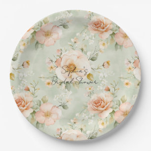 Peach Mint Pretty Rose Floral Bridal Shower Paper Plate