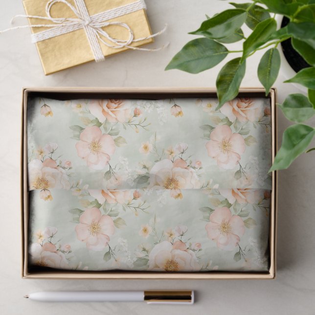 Peach Mint Pretty Rose Floral Bridal Shower Tissue Paper (Gift)