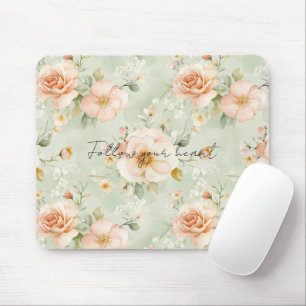 Peach Mint Pretty Rose Floral Mouse Mat