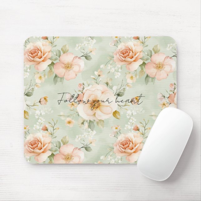 Peach Mint Pretty Rose Floral Mouse Mat (With Mouse)