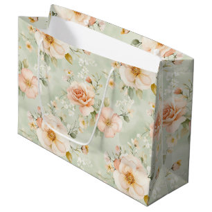 Peach Mint Pretty Roses Floral Bridal Shower Large Gift Bag