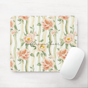 Peach Mint Pretty Roses Floral Stripes Mouse Mat