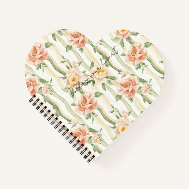 Peach Mint Pretty Roses Floral Stripes Notebook (Front)