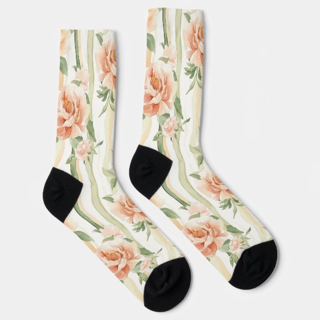 Peach Mint Pretty Roses Floral Stripes Socks (Right)