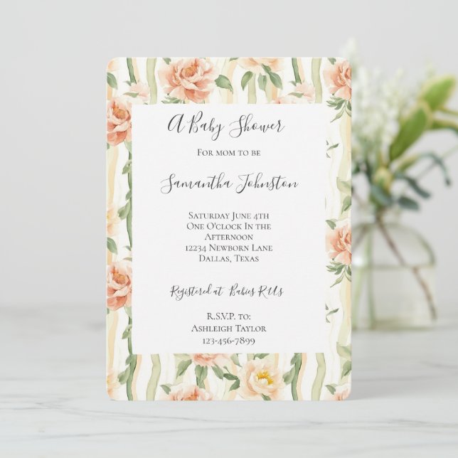 Peach Mint Roses Floral Stripes Baby Shower Invitation (Standing Front)