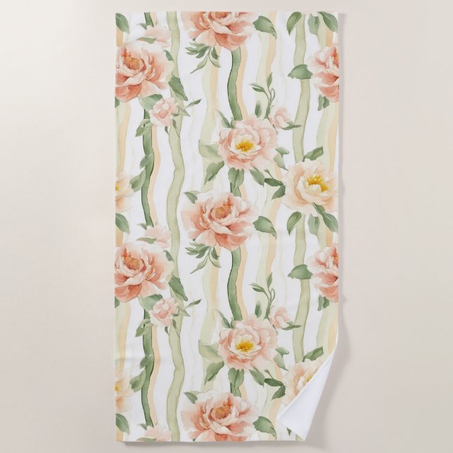 Peach Mint Roses Floral Stripes   Beach Towel (Front)