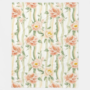 Peach Mint Roses Floral Stripes Birthday Fleece Blanket