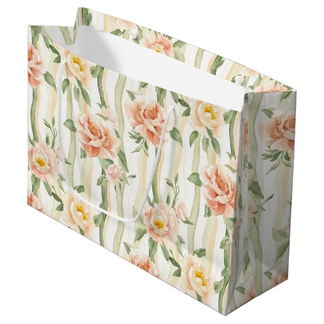 Peach Mint Roses Floral Stripes Birthday Large Gift Bag (Front Angled)