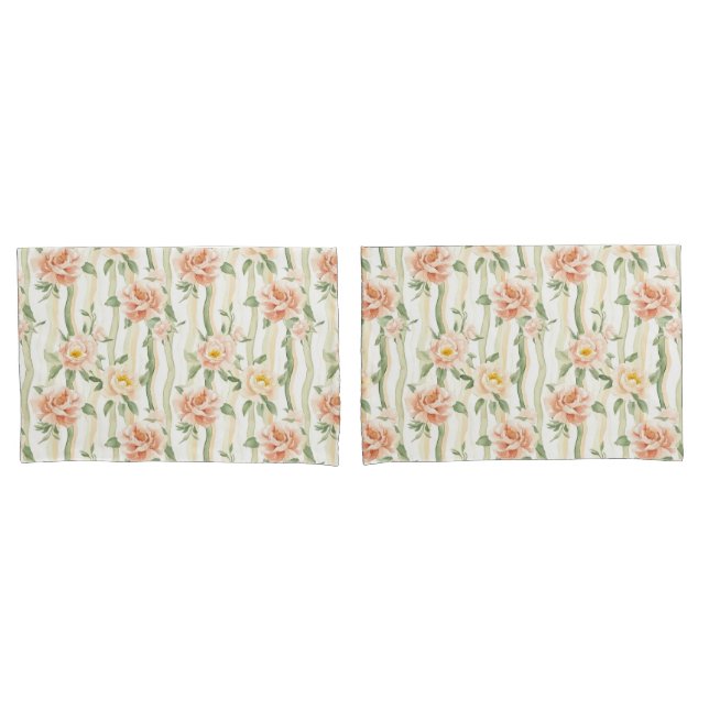 Peach Mint Roses Floral Stripes Birthday Pillowcase (Front-Set)