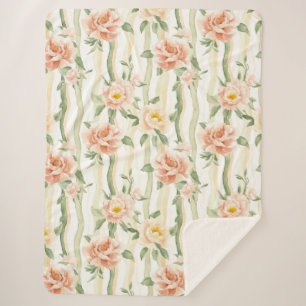 Peach Mint Roses Floral Stripes Birthday Sherpa Blanket