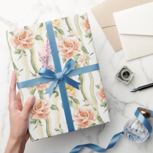 Peach Mint Roses Floral Stripes Birthday Wrapping Paper (Gifting)