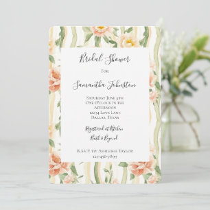 Peach Mint Roses Floral Stripes Bridal Shower Invitation