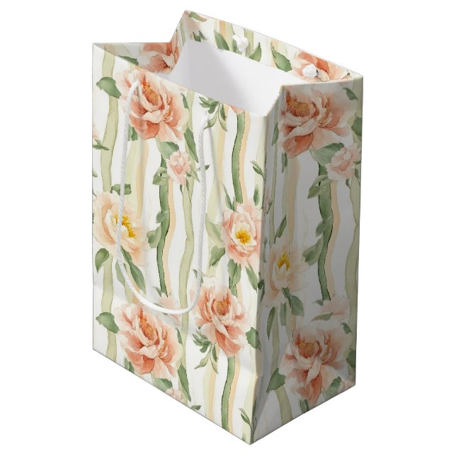 Peach Mint Roses Floral Stripes Bridal Shower Medium Gift Bag (Front Angled)