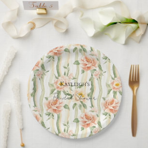 Peach Mint Roses Floral Stripes Bridal Shower Paper Plate