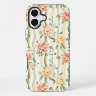 Peach Mint Roses Floral Stripes iPhone 16 Plus Case